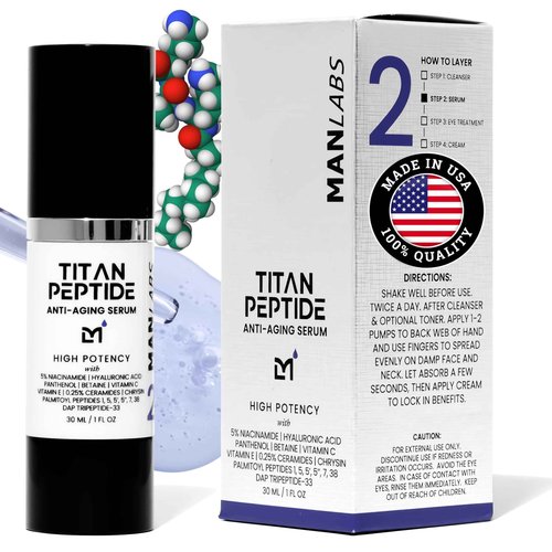 Man Labs Titan Anti-Aging Peptides Serum for Face – High Potency Mens Peptide Serum Moisturizer – Mens Skin Care – Men, Dark Spots, Wrinkles, Fine Lines – Peptides, 5% Niacinamide, HA – Unscented