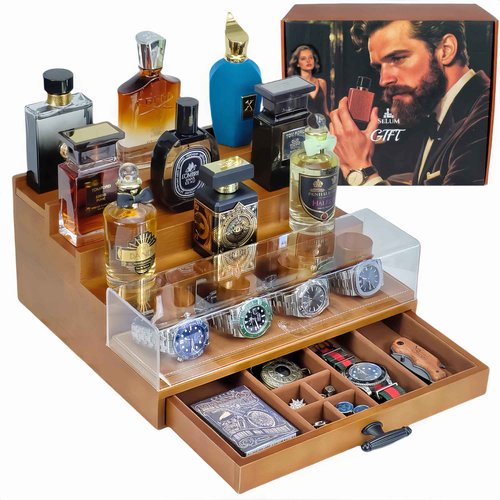 SeLuM Cologne Watch Organizer Walnut Brown – Wooden Perfume Display Stand with Jewelry Storage Drawer, Velvet Lining, Hidden Compartment – Large Cologne Holder – Gift Box Included