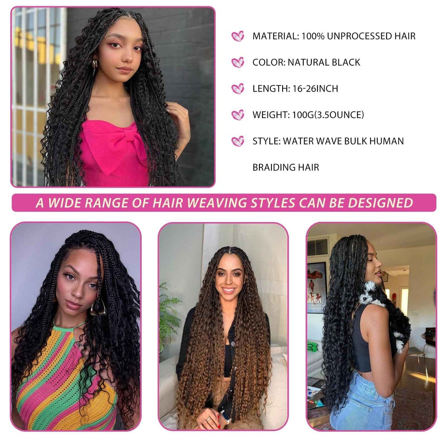 Human Braiding Hair, 3 Bundles 150g Water Wave Bulk Boho Hair for Braiding, 12A Curly Human Braiding Hair for Boho Knotless Braids Bundles Natural Color 20 Inch