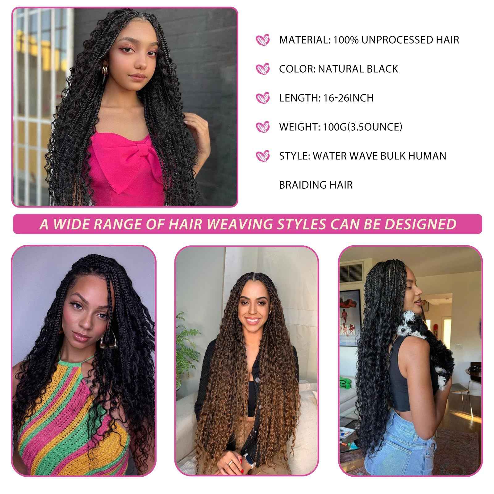 Human Braiding Hair, 3 Bundles 150g Water Wave Bulk Boho Hair for Braiding, 12A Curly Human Braiding Hair for Boho Knotless Braids Bundles Natural Color 20 Inch