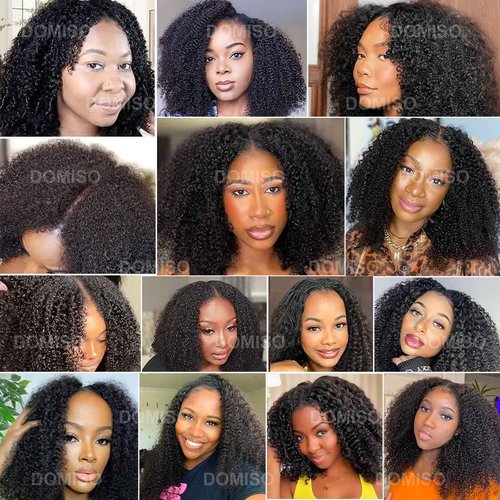 Domiso V Part Human Hair Wig Afro Kinky Curly V Part Wig No Glue No Sew Clip in Half Wig No Leave Out Elastic Band and Removable Clips for Secure Beginner Wig 18 Inch
