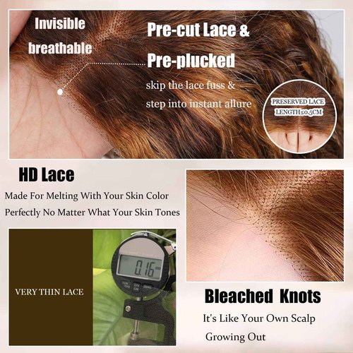 Ombre Highlight Glueless Wigs Human Hair Pre Plucked Pre Cut Curly Closure Wear and Go Glueless Wigs Human Hair Middle Part Balayage Water Wave Lace Frontal Human Hair Wigs for Black Women 4/27 18Inch