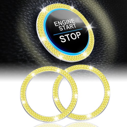 LivTee 2 PCS Crystal Double Rhinestone Car Engine Start Stop Decoration Ring, Bling Car Interior Accessories for Women, Push to Start Button Cover Sticker, Automotive Decals, Lemon Yellow