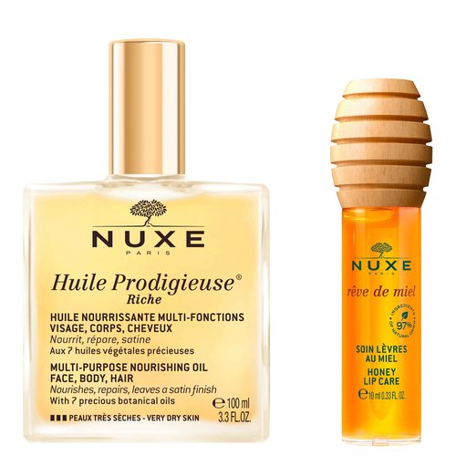 Nuxe Huile Prodigieuse Riche Nourishing Oil (3.3 Fl Oz) & Rêve de Miel Honey Lip Gloss (0.33 Fl Oz) Skincare Duo for Intense Hydration & Radiant Lips