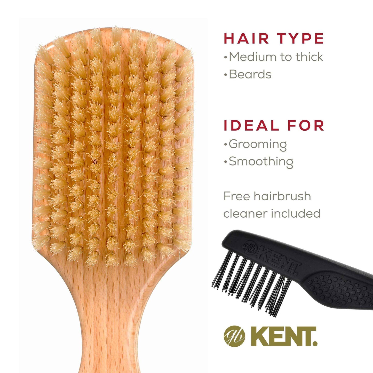 Kent OG4 Rectangular Beachwood Gentlemen's Hair Brush and Facial for Beard Care - Exfoliating Natural Boar Bristle Brush for Mens Grooming, Hair Care, and Beard Straightener for Men's