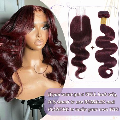 DSEKCAIN 2x6 HD Lace Closure Human Hair Body Wave 99J Burgundy Dark Red Wine Color Transparent Lace Closure 2x6 Long Deep Middle Part 100% Raw Virgin Human Hair 16 Inch 150% Density
