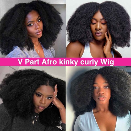 Homgoss Afro Kinky Curly V Part Wigs With Drawstring For Black Women,200% Density Kinky Curly V Part Human Hair Wigs,Upgrade No Sew In & Glueless Design,Beginner Friendly,Natural Black Color(20inch)