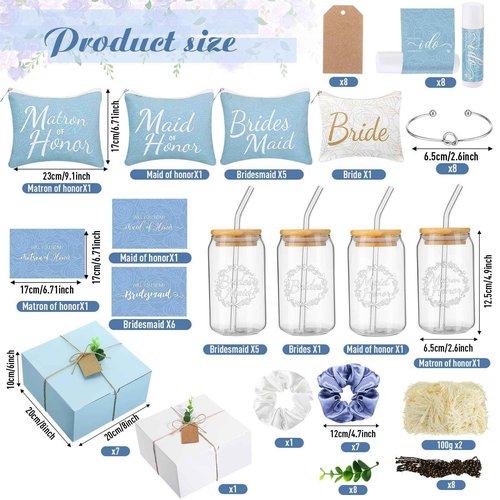 FillTouch 72 Pcs Bridesmaid Proposal Gifts, Will You Be My Bridesmaid, Maid and Matron of Honor Gifts Include Gift Box Glass Cup Makeup Bag Cards Lip Balm Hair Scrunchie Knotted Bracelet(Blue, White)