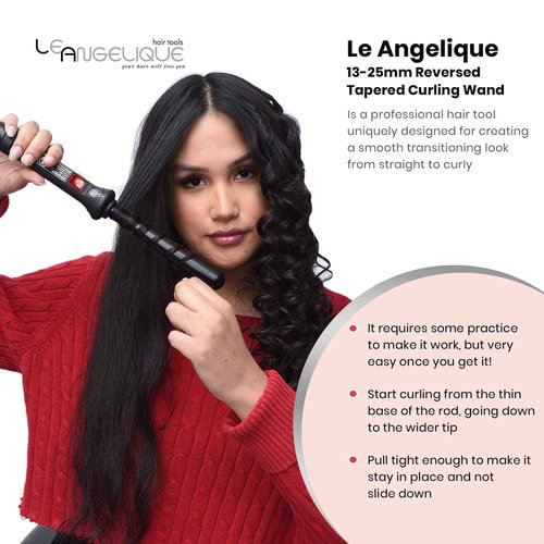 Le Angelique Reverse Tapered Curling Wand for a Unique Curly Look - 1/2 to 1 Inch (13-25mm) Conical Curler Iron with Glove and 2 Clips | 430F Instant Heat | Ceramic Coating | Dual Voltage - Black