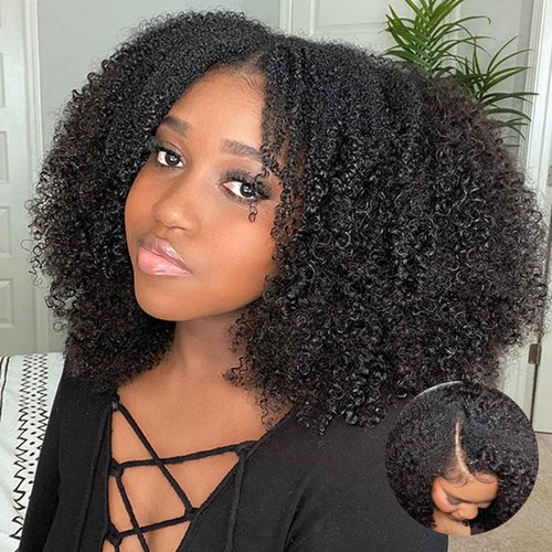V SHOW Curly V Part Wig Human Hair Upgrade U Part Wig Human Hair Wigs for Women Glueless V Shape Wig Afro Curly Wigs No Leave Out 180% Density Natural Color 18Inch