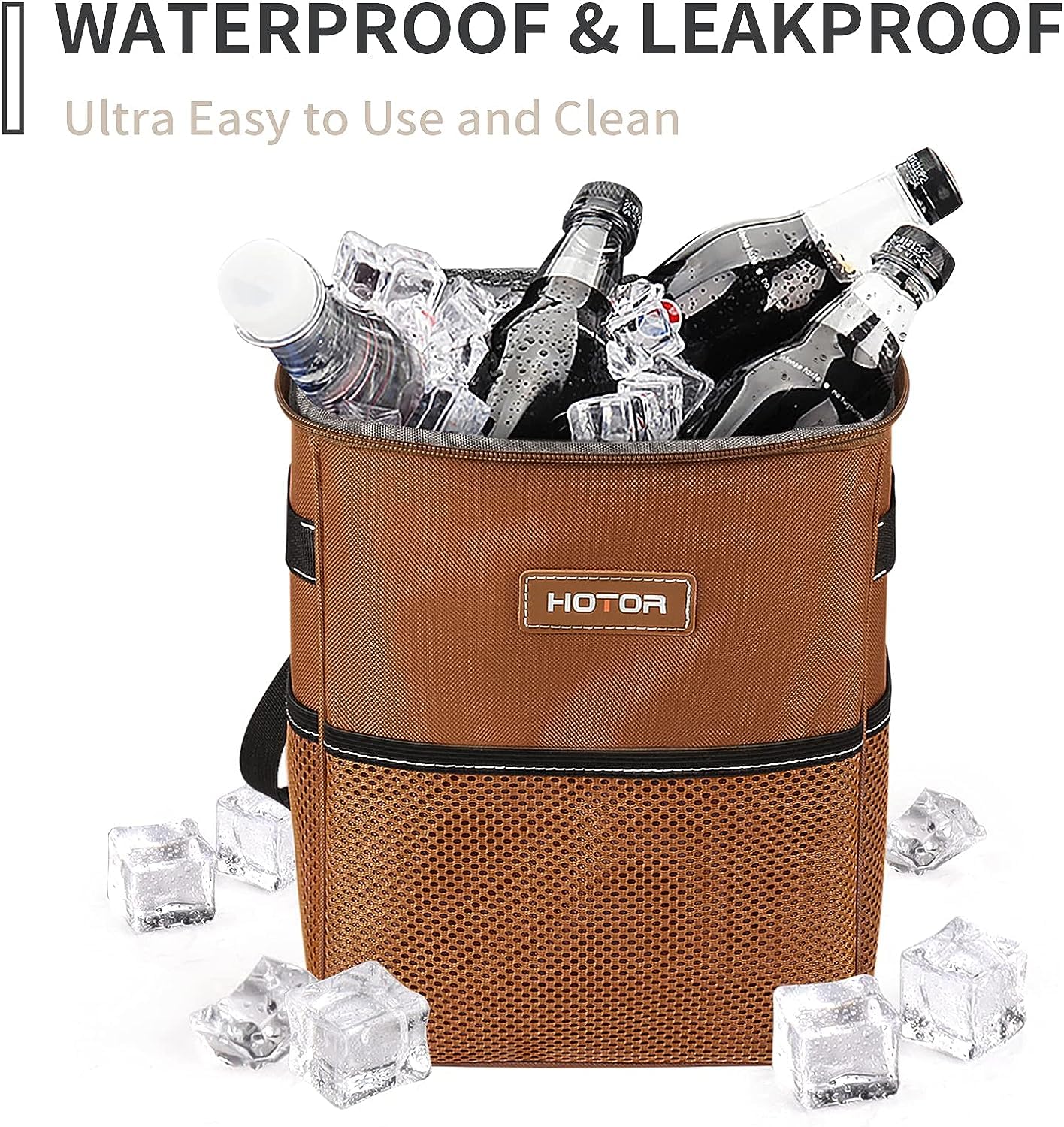 HOTOR Brown Car Trash Can with Adjustable Strap, Magnetic Snaps, Waterproof Lining, and Storage Pocket