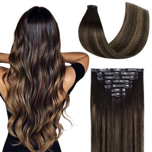 FUOTONBUTY Clip in Extensions Real Human Hair 7pcs, Natural and Seamless 90g (Ombre Dark Brown to Chestnut Brown, 18 inch)
