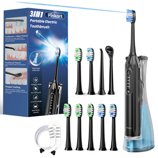 Pinkart Electric Toothbrush with Water Flosser Combo for Adults, 8 Brush Heads, 1 Flosser Tip, 1 Tongue Scraper, 1 Hose, 1 Water Tank – Ideal for Travel and Oral Health(Black and Gray)