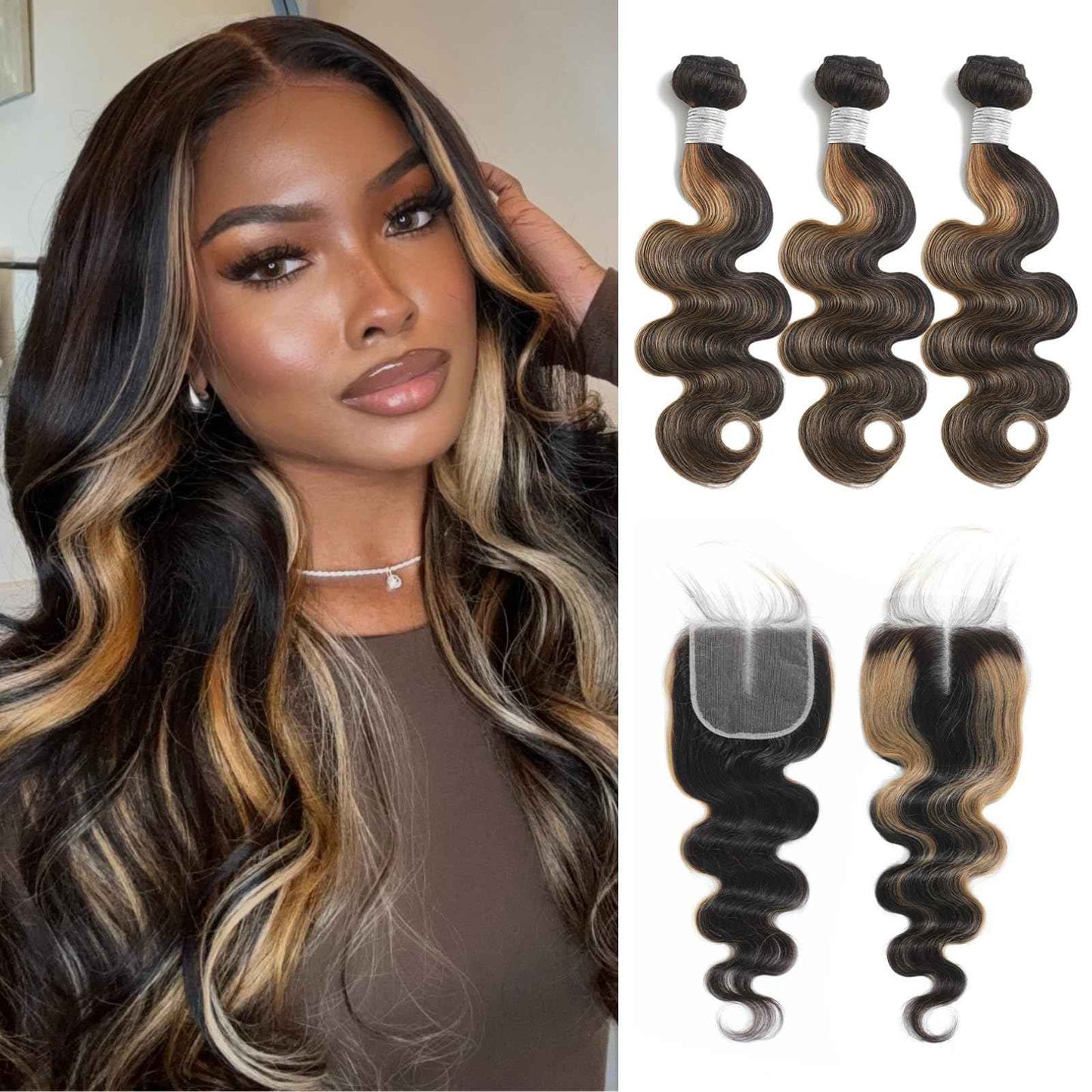 Honey Blonde Bundles with Closure Highlights Body Wave, 3 Highlighted Bundles with 4x4 Closure Human Hair, Ombre Balayage Piano Color Sew In Weaves 12A Brazilian Virgin Remy Hair 10 12 14+10 Inch