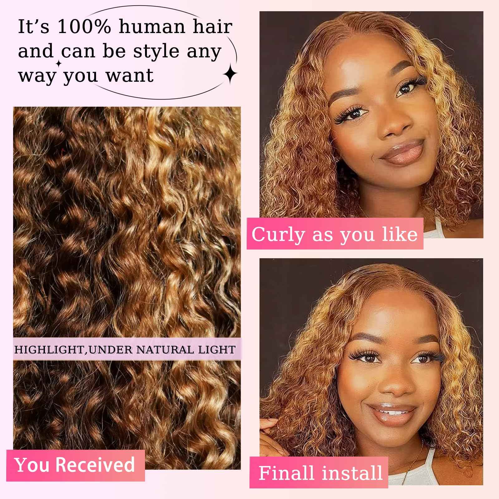 4/27 Bob Wig Human Hair 13x6 HD Transparent Lace Front Wigs Highlight Ombre Deep Curly Frontal Wigs Human Hair Pre Plucked Human Hair Wigs for Women 200% Density 18 Inch
