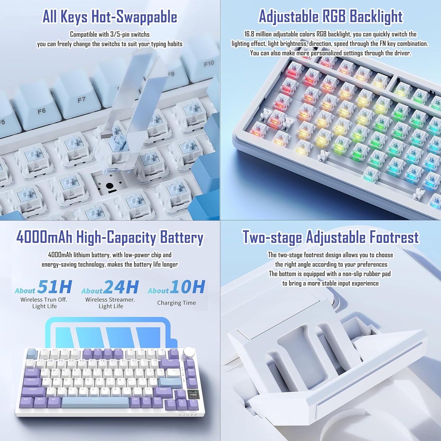 AJAZZ AK820 Pro 75% Gasket RGB Wireless Mechanical Keyboard with TFT Screen, Volume knob, Bluetooth/2.4G/Wired 3-Modes, Compact 82 Hot-Swap Keys, Tricolor PBT Keycap, 4000 mAh (Gray&Yellow 3-Modes)