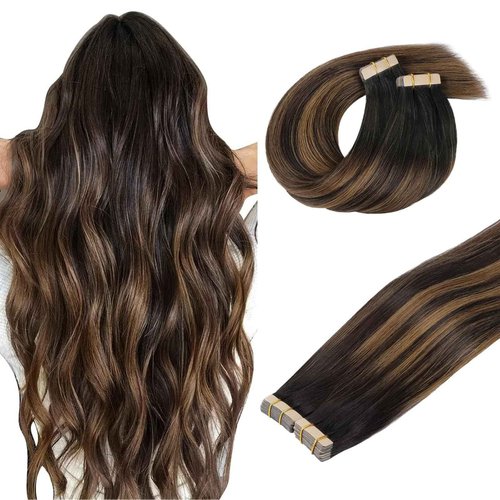 DOORES Tape-in Human Hair Extensions, Dark Brown to Chestnut Brown 100g 40pcs 16 Inch, Real Human Remy Hair, Straight