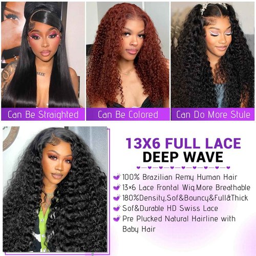 UVVUVV 26 Inch Deep Wave Lace Front Wigs 13x6 HD Transparent Human Hair Lace Front for Women 180% Density Deep Curly Human Hair Wigs Pre Plcked Deep Wave Frontal Wigs with Baby Hair