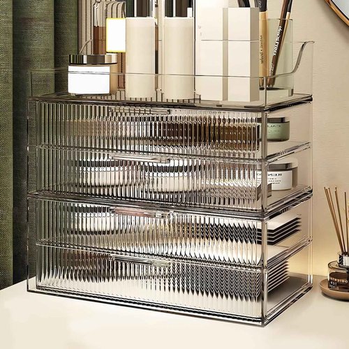 DASITON Clear Dustproof Four layers Storage Box,Makeup Brush Holder,Large Capacity Desktop Storage Box with Drawer,for Beauty Products,Perfume,Jewelry,Nail Polish