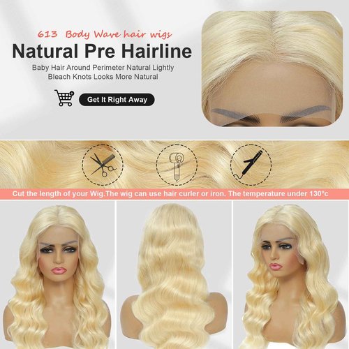 Ruaswey 26 Inch 613 13x6 Lace Front Wig Human Hair 200 Density Blonde Wig Human Hair Blonde Body Wave Lace Front Wigs Human Hair 613 HD Lace Frontal Wigs Human Hair Pre Plucked 613 Human Hair Wig