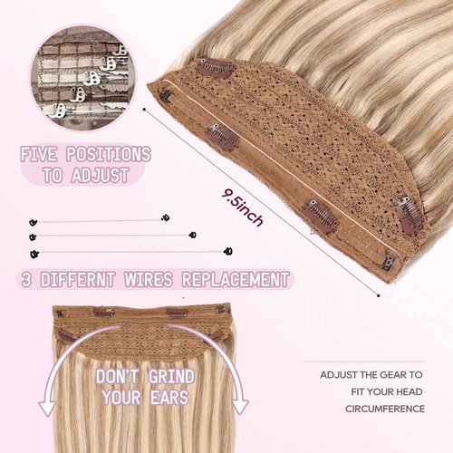 Halo Hair Extensions - Light Blonde Highlighted Bleach Blonde Headband Adjustable Size Removable Secure,Halo Extensions Real Human Hair #1622O 14 Inch 70g