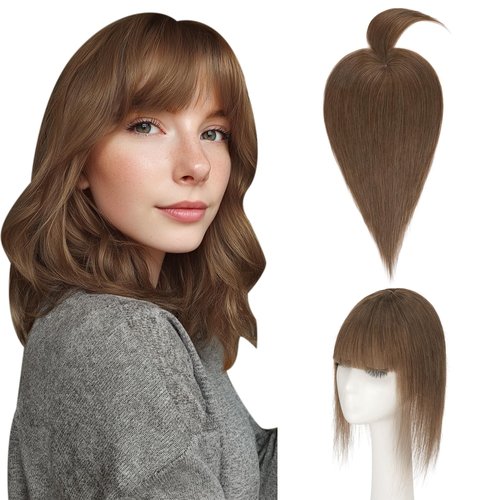 Hairro Mono Hair Toppers with Bangs, 3.4" x 3.4" Mono Base 100% Real Human Hairpieces for Women, 150% Density Clips In Topper for Greyish Thinning Hair, 14 Inch Medium Brown