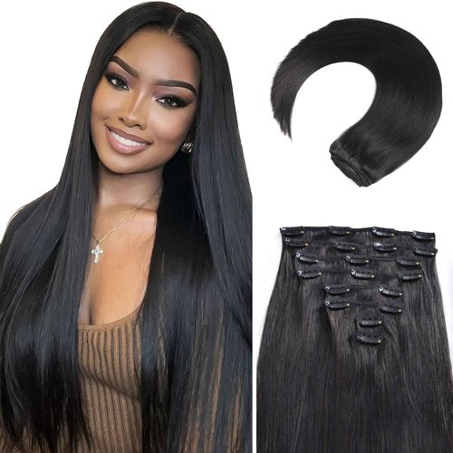 Clip in Hair Extensions Real Human Hair, 22 Inch 110g, 1B Natural Black, Invisible Seamless Straight Remy Human Hair Clip in Extensions for Women 8pcs Per Set with Double Weft