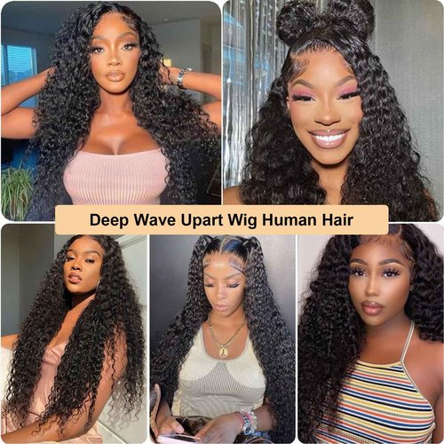 U Part Wig Human Hair Brazilian Deep Wave U Part Wigs for Black Women Virgin Remy Deep Curly Human Hair Wigs Glueless Full Head Clip in Half Wig U Shape Wig 180% Density Natural Color (18 Inch)