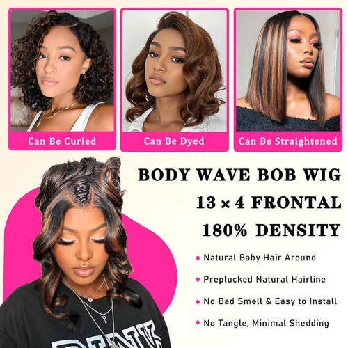 Tealoves Body Wave Bob Wig 180 Density Glueless 13×4 Invisible Lace Front Wigs Human Hair for Women 10 Inch FB/30 Black with Highlights