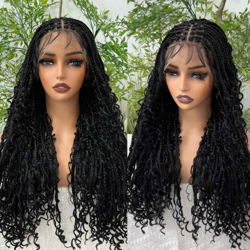 Suntefic Boho Box Braided Wigs for Black Women Glueless Double Full Lace Human Hair Blended Lightweight Hand Braid Wig with Baby Hair (2-Black, 28 In)