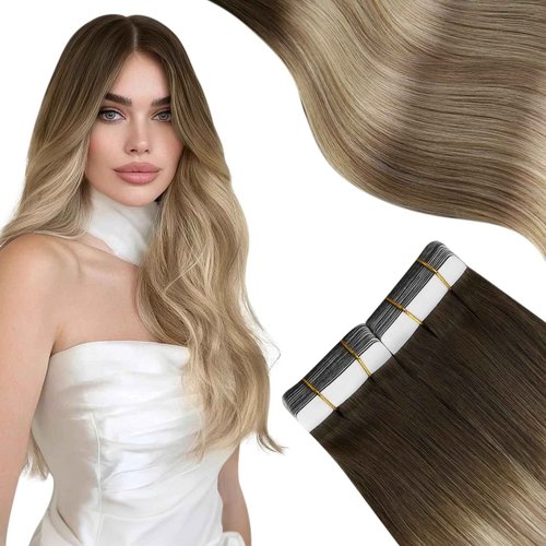 Moresoo Tape in Human Hair Extensions Invisible Human Hair Tape in Extensions Brown Ombre Medium Blonde with Chestnut Brown Skin Weft Tape in Hair Extensions Real Hair 20pcs 50g 24inch #3/8/22