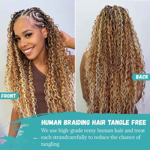 Human Braiding Hair for Boho Braids Virgin Human Hair 3 Bundles 150g Water Wave Bulk Human Hair for Braiding Honey Blonde Curly No Weft Hair Extensions for Bohemian Braids 26 inch