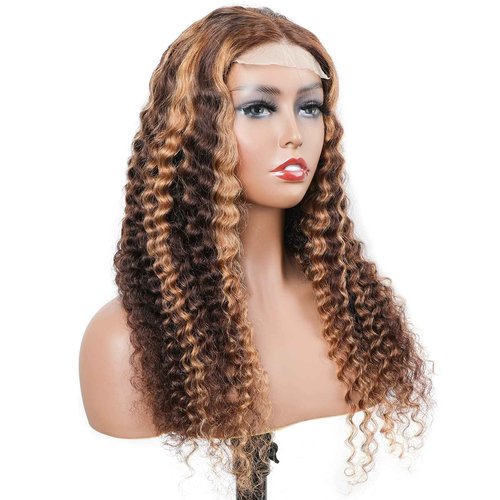 BLY Highlight Human Hair Lace Front Wigs Deep Wave #4/27 Ombre Colored Glueless Wigs Pre Plucked 16 Inch 4x4 Transparent Curly Water Wave Lace Wig Honey Blonde Real Human Hair 180% Density