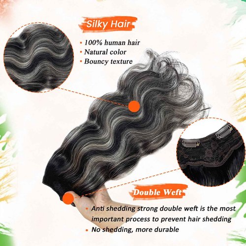 Body Wave Clip in Hair Extensions Real Human Hair, 16” One Piece V Shaped Human Hair Clip in Extensions for Black Women Balayage Natural Black to Grey Remy Hair Clip ins Extensions Clip ins Hair Weft