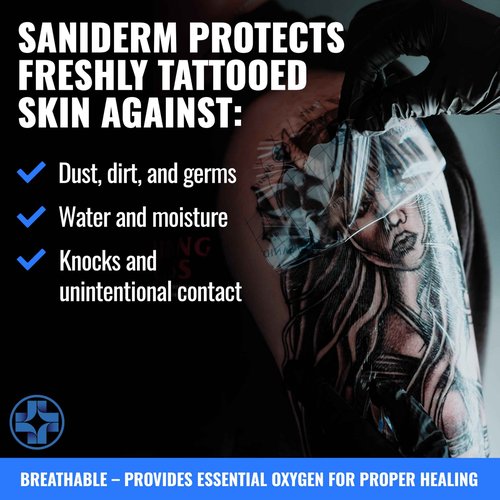 Saniderm Original Tattoo Aftercare Bandage (25 Sheets, 6 in x 8 in) – Convenient, Faster Tattoo Healing and Protection – Sterile, Waterproof, and Latex-Free Tattoo Aftercare Wrap – Gloss Finish