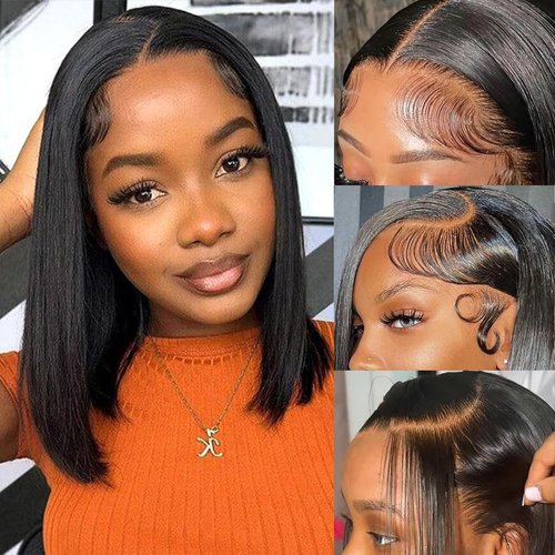 YFOXI Glueless Bob Wig Human Hair 13x4 HD Transparent Lace Front Wigs Short Bob Wig Glueless Wigs Human Hair Pre Plucked Bleached Knots Straight Lace Front Wigs For Black Women（16 Inch）