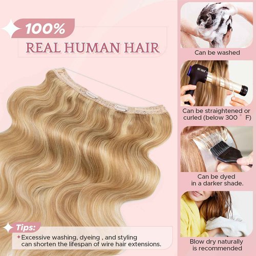 SEGO Halo Hair Extensions, Wavy Adjustable Invisible Wire Extensions, Real Human Hair, 2 Clips for Women Transparent Fish Line Extensions, Add Length Volume, 16 inches, Gold Blonde Mixed Bleach Blonde