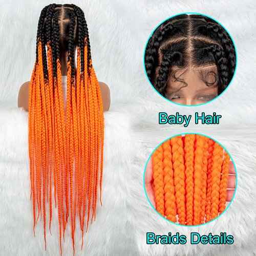 A ANYTIME 36 Inch Transparent Full Lace Braided Wigs Knotless Box Braided Lace Wigs for Black Women with Baby Hair Synthetic Lace Front Colored Braiding Wigs(OTORANGE)