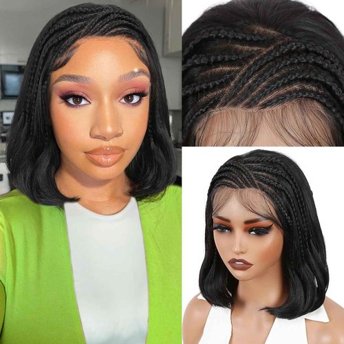 Fancy Hair Braided Wigs for Black Women Straight Cornrow Lace Front Bob Wig with Baby Hair Plucked Glueless Transparent 13X4 Lace Front Wig for Black Women
