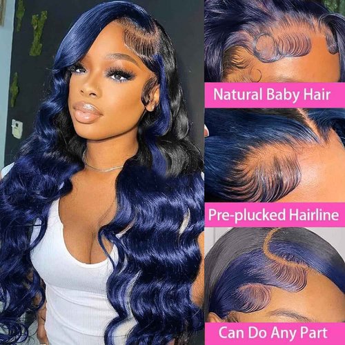 Royal Blue Lace Front Wigs Human Hair Highlight Skunk Stripe 13x4 HD Lace Frontal Wig Body Wave Pre Plucked With Baby Hair 150% Density Ombre Dark Blue Virgin Human Hair Wigs Glueless 20 Inch