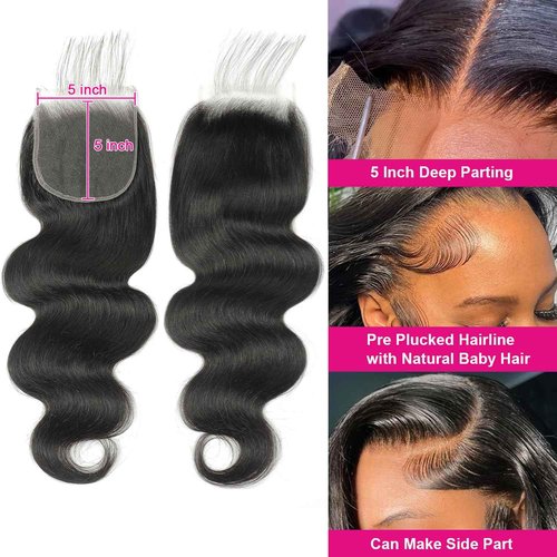5x5 HD Lace Closure Human Hair Body Wave No Bleached Knots Invisible Pre Plucked Brazilian Virgin Human Hair Frontal Natural Black 18 Inch