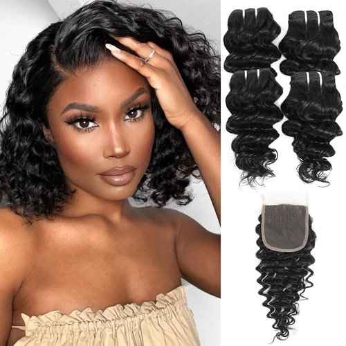 Deep Wave Human Hair Bundles 8 Inch(50g/Bundle,4 Bundles)+Water Wave Human Hair Bundles 8 Inch with 4×4 Closure (50g/Bundle,4 Bundles+1Closure)