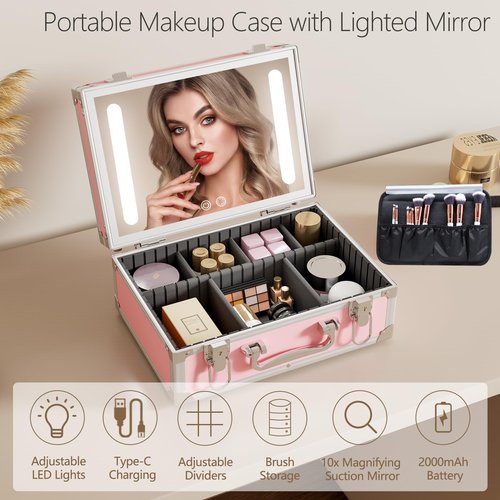 Cybergiant Travel Makeup Case with LED Mirror - Hard Shell Pink Travel Makeup Bag with Mirror - Portable Makeup Organizer with Mirror, Vanity Case for Cosmetics, Adjustable Divider