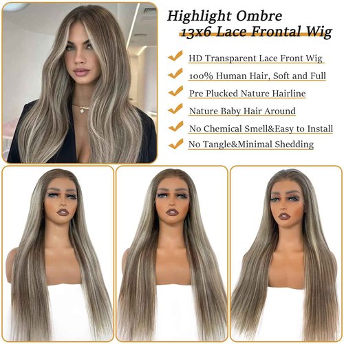 Ombre Highlights Ash Brown Wigs Human Hair for White Women 18 Inch Pre Plucked 13x6 Balayage Blonde HD Lace Front Wig Human Hair with Dark Roots Glueless Straight Wig 180% Density Full End