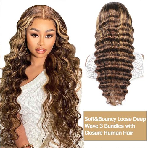 P4/27 Ombre Human Hair Bundles Loose Deep Wave Quick Weave Hair with Closure, 10A Brazilian Raw Deep Wave Human Hair Highlight Bundles with 4x4 Lace Closure(12 14 16+12inch, Honey Blonde Brown Color)