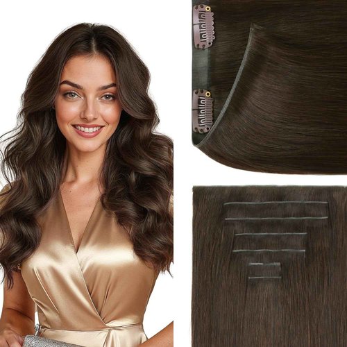 GOO GOO Genius Clip in Hair Extensions, 16inch 120g 7pcs, Seamless PU Clip in Hair Extensions, Virgin Real Human Hair, #4A Chocolate Brown