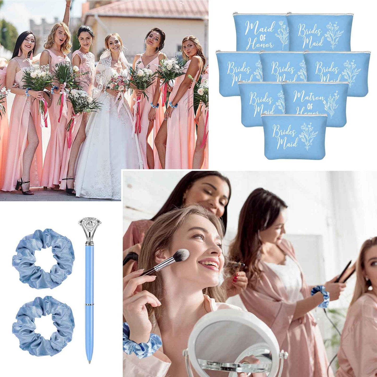 Irenare 48 Pcs 8 Set Bridesmaid Proposal Gifts Maid of Honor Gifts Bridal Shower 16oz Glass Cups Cosmetic Makeup Bags Invited Cards Scrunchies Hair Knotted Bracelets Diamond Pens(Blue)