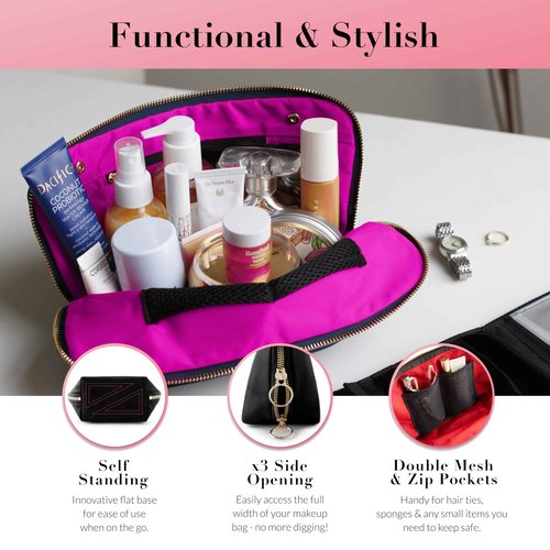 KUSSHI Washable Travel Makeup & Cosmetic Bag - Brush Organizer Sold Separately (Signature, Satin Black/Pink)