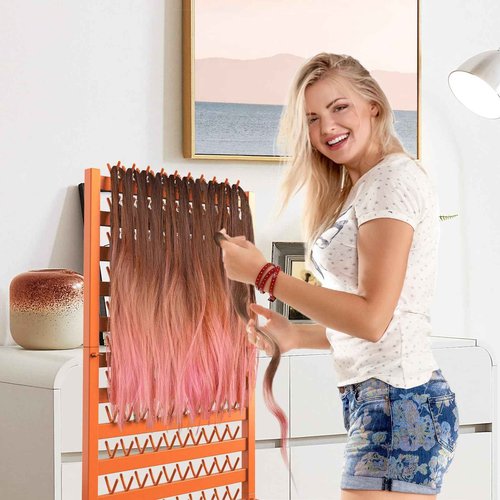 foriy Braiding Hair Rack 300 Pegs Metal Hair Extension Holder 2-Sided Adjustable Hair Braid Tools Hair Separator Stand with Wheels Tangerine Yellow Standing Braid Rack for Hair Stylist