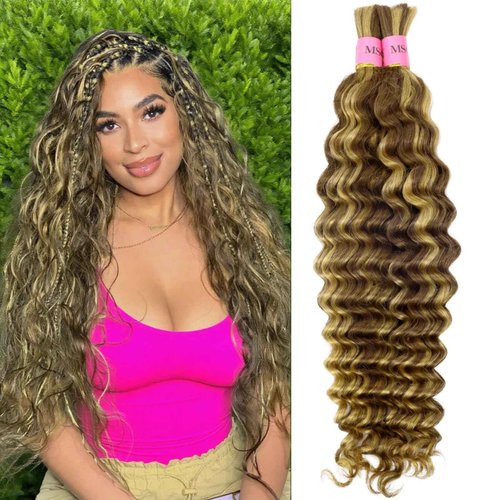 MSCATHY 4/27# Human Braiding Hair for Boho Braids 100g Color 4/27# Bulk Deep Wave Human Hair for Braiding Ombre Blonde Brown Highlight 100% Brazilian Human Hair 18inch for Boho Braids 12A